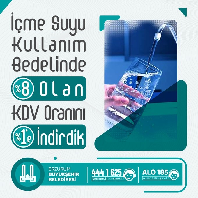 Erzurum Büyükşehir Belediyesi içme suyundaki KDV oranını yüzde 1