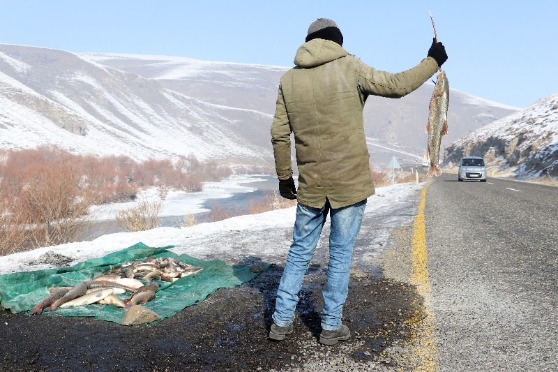 Ağrı’da dondurucu soğuğa rağmen nehirdeki buzları kırıp balık avlıyorlar