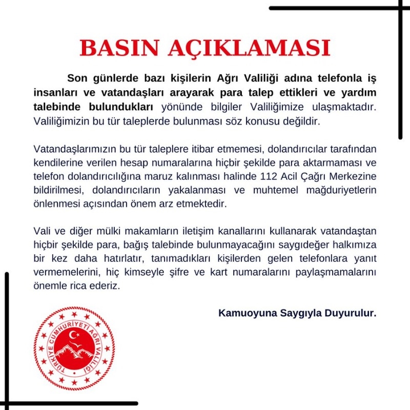 Ağrı Valiliği Basın açıklaması