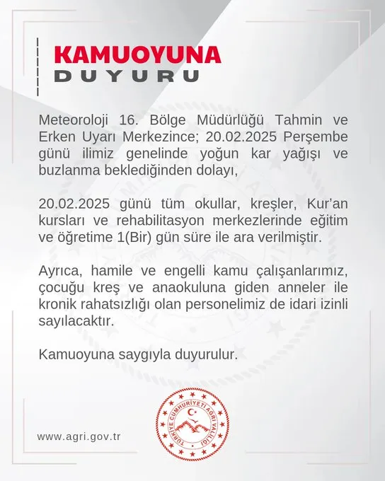 Kar yağışı ve buzlanma nedeniyle ilimiz genelinde tüm okullar, kreşler, Kur’an kursları ve rehabilitasyon merkezlerinde eğitime 1 (bir) gün ara verildi