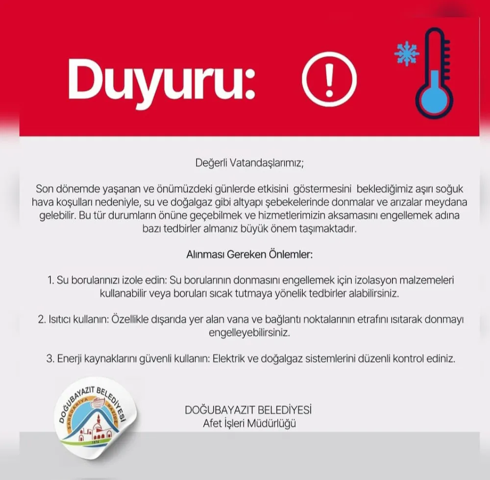 Su ve Doğalgaz alt yapı şebekelerinde Don olaylarına karşı dikkatli olunması istendi  
