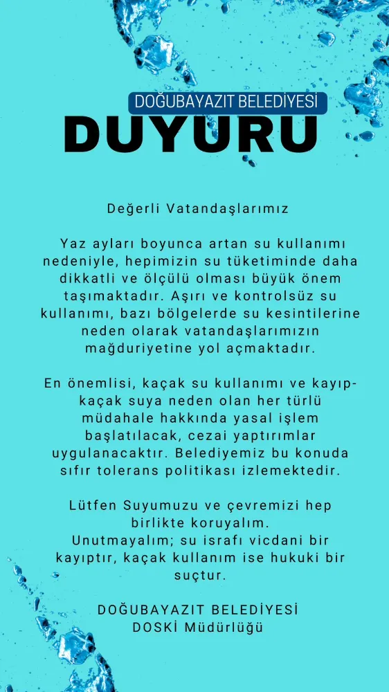 Doğubayazıt Belediyesi su tasarrufuna dikkat çekti