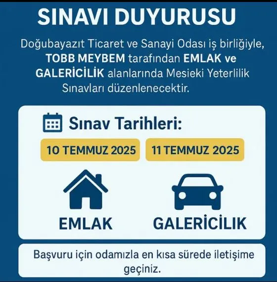 Doğubayazıt Ticaret ve Sanayi Odası iş birliğiyle, TOBB MEYBEM tarafından Emlak ve Galericilik mesleki yeterlilik sınavı